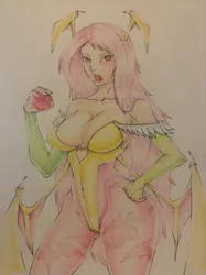 Size: 1936x2592 | Tagged: suggestive, artist:samaelalighieri, derpibooru import, fluttershy, bat pony, human, bats!, apple, bat ponified, big breasts, breasts, busty fluttershy, cleavage, clothes, cosplay, costume, darkstalkers, female, flutterbat, food, huge breasts, humanized, light skin, morrigan aensland, race swap, solo, solo female, traditional art, winged humanization, wings