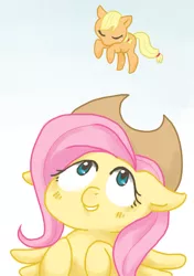 Size: 410x582 | Tagged: applejack, applejack's hat, artist:bikkisu, cowboy hat, derpibooru import, fluttershy, hat, safe