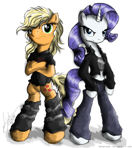 Size: 895x1000 | Tagged: safe, artist:flutterthrash, derpibooru import, applejack, rarity, pony, alternate hairstyle, belly button, bipedal, clothes, exodus (band), jacket, jeans, judas priest, metal, pants, shirt