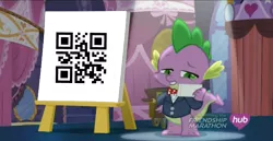 Size: 1448x746 | Tagged: check em, derpibooru import, dubs, hub logo, qr code, safe, simple ways, solo, spike, spike's poster