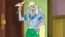 Size: 1957x1136 | Tagged: anthro, artist:namygaga, clothes, derpibooru import, derpy hooves, derpy's flag, equestria girls outfit, rainbow falls, safe, scene interpretation, solo