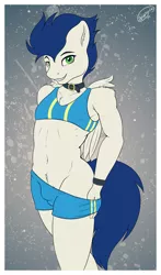 Size: 1467x2500 | Tagged: anthro, artist:skipsy, belly button, chest fluff, clothes, collar, crossdressing, crotch bulge, derpibooru import, femboy, male, midriff, pubic fluff, shorts, soarin', solo, solo male, sports bra, sports shorts, suggestive, undressing