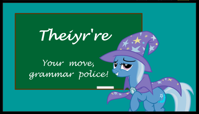 Size: 924x529 | Tagged: safe, derpibooru import, trixie, pony, unicorn, chalkboard, female, genius, grammar, mare, meme, solo, theiyr're, troll, trollface, trolling, trollxie