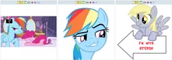 Size: 766x271 | Tagged: safe, derpibooru import, derpy hooves, pinkie pie, rainbow dash, pegasus, pony, derpibooru, exploitable meme, female, i'm with stupid, juxtaposition, juxtaposition win, mare, meme, meta