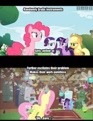 Size: 450x588 | Tagged: derpibooru import, double standard, drama, edit, edited screencap, fluttershy, fluttershy's cottage, parasprite, pinkie pie, safe, screencap, swarm of the century