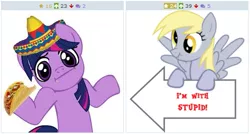 Size: 513x274 | Tagged: safe, derpibooru import, derpy hooves, twilight sparkle, pegasus, pony, derpibooru, exploitable meme, fake juxtaposition win, female, food, i'm with stupid, juxtaposition, juxtaposition win, mare, meme, meta, sombrero, taco, taco twilight