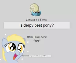 Size: 635x528 | Tagged: safe, derpibooru import, derpy hooves, omanyte, pegasus, pony, best pony, consult the fossil, female, happy, helix fossil, lord helix, mare, pokémon, smiling, twitch plays pokémon