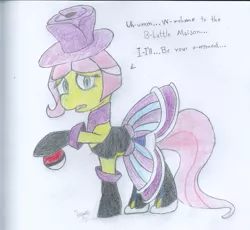 Size: 1395x1285 | Tagged: artist:applefan-wyatt, battle mansion, clothes, crossover, derpibooru import, evelyn, fluttershy, pokémon, safe, solo, traditional art