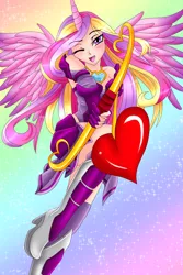 Size: 1200x1800 | Tagged: arrow, artist:viracon, bow and arrow, bow (weapon), clothes, cupid, derpibooru import, female, horn, horned humanization, human, humanized, jewelry, light skin, necklace, one eye closed, princess cadance, princess of love, safe, solo, weapon, winged humanization, wings, wink