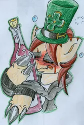 Size: 1085x1605 | Tagged: safe, artist:digitaldomain123, derpibooru import, oc, oc:digital, unofficial characters only, demon, demon pony, original species, alcohol, colored, drunk, holiday, saint patrick's day, solo, traditional art