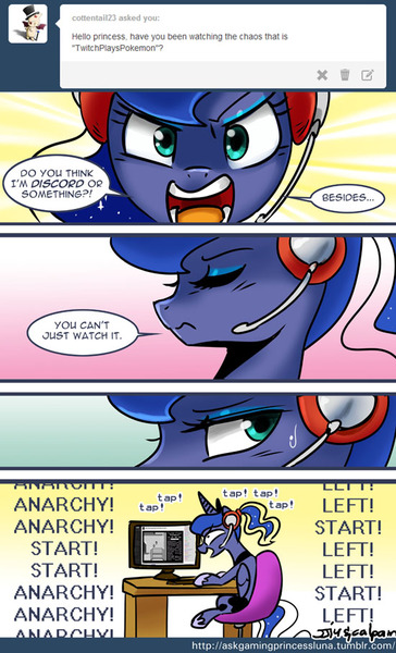 Size: 550x907 | Tagged: artist:johnjoseco, ask, ask gaming princess luna, comic, computer, derpibooru import, gamer luna, pokémon, princess luna, safe, solo, tumblr, twitch plays pokémon