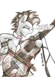 Size: 800x1119 | Tagged: safe, artist:jcosneverexisted, derpibooru import, octavia melody, earth pony, pony, alternate hairstyle, bow (instrument), cello, cello bow, chest fluff, ear fluff, eyes closed, female, mare, microphone, musical instrument, open mouth, punk, rocktavia, simple background, singing, solo, unshorn fetlocks, white background