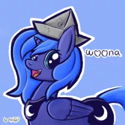 Size: 1024x1024 | Tagged: artist:dsp2003, cartographer's cap, cute, derpibooru import, female, filly, happy, hat, looking at you, lunabetes, open mouth, paper hat, princess luna, s1 luna, safe, smiling, solo, woona, younger