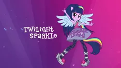 Size: 1280x720 | Tagged: safe, derpibooru import, twilight sparkle, equestria girls, rainbow rocks, armpits, box art, clothes, commercial, devil horn (gesture), high heels, magic of friendship (rainbow rocks), rainbow, shoes, skirt, solo, stockings, thigh highs