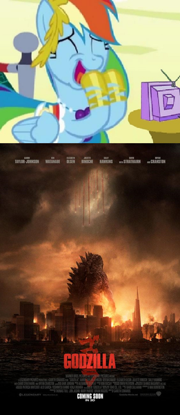 Size: 621x1426 | Tagged: derpibooru import, exploitable meme, fangasm, godzilla, godzilla 2014, godzilla (series), kaiju, meme, obligatory pony, poster, rainbow dash, safe, tv meme