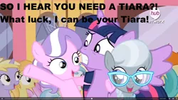 Size: 1920x1080 | Tagged: safe, derpibooru import, screencap, applecore, cotton cloudy, diamond tiara, dinky hooves, gallop j. fry, noi, piña colada, silver spoon, twilight sparkle, twilight sparkle (alicorn), alicorn, earth pony, pony, unicorn, twilight time, caption, cute, diamondbetes, female, filly, frown, gritted teeth, hub logo, image macro, mare, meme, open mouth, shoving, smiling, soon, spread wings, text, wide eyes, wings