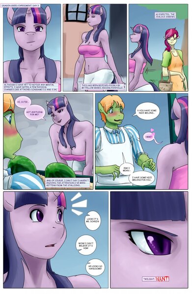 Size: 835x1280 | Tagged: suggestive, artist:amaraburrger, derpibooru import, big macintosh, roseluck, soarin', twilight sparkle, anthro, earth pony, unicorn, comic:dragon greed, aroused, bedroom eyes, belly button, blushing, breasts, busty twilight sparkle, cleavage, comic, female, food, freudian slip, fruit stand, golden oaks library, growth, image, imminent sex, jealous, jpeg, lust, male, melon, seductive, shipping, soarlight, straight, tube top, twilight sparkle gets all the stallions, u jelly?, unicorn twilight, want, watermelon
