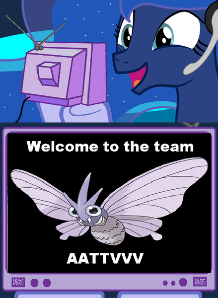 Size: 563x769 | Tagged: aattvvv, atv, atv the slayer of dragons, derpibooru import, exploitable meme, gamer luna, meme, moth, obligatory pony, pokémon, princess luna, safe, tv meme, twitch plays pokémon, venomoth