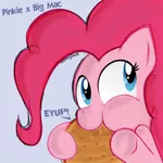 Size: 2000x2000 | Tagged: safe, artist:noponyzone, derpibooru import, big macintosh, pinkie pie, earth pony, pony, big mac (burger), burger, eating, female, food, hamburger, implied big macintosh, implied pinkiemac, male, mcdonald's, meat, pinkiemac, ponies eating meat, pun, shipping, straight