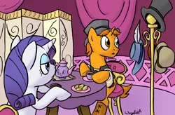 Size: 900x592 | Tagged: safe, artist:wingbeatpony, derpibooru import, rarity, oc, pony, unicorn, bowler hat, carousel boutique, chair, clothes, crumpet (griddle cake), eyes on the prize, food, hat, hoof hold, sitting, table, tea, tea party, top hat, unamused, unimpressed