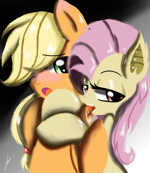 Size: 772x890 | Tagged: suggestive, artist:theoneandowly, derpibooru import, applejack, fluttershy, bat pony, bats!, appleshy, bat ponified, female, femdom, femsub, flutterbat, flutterdom, lesbian, licking, missing accessory, race swap, shipping, submissive, tongue out