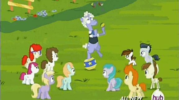 Size: 576x324 | Tagged: safe, derpibooru import, screencap, aura (character), dinky hooves, featherweight, gallop j. fry, little red, peach fuzz, pipsqueak, randolph, rumble, super funk, twist, pegasus, pony, twilight time, animated, ball, butler, colt, hub logo, hubble, juggling, male, the hub