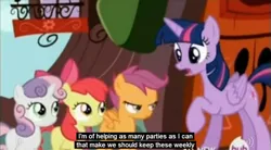 Size: 847x468 | Tagged: safe, derpibooru import, edit, edited screencap, screencap, apple bloom, scootaloo, sweetie belle, twilight sparkle, twilight sparkle (alicorn), alicorn, pony, twilight time, caption, female, hub logo, mare, meme, youtube caption