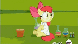 Size: 576x324 | Tagged: safe, derpibooru import, screencap, alula, apple bloom, aquamarine, aura (character), boysenberry, cotton cloudy, diamond tiara, dinky hooves, first base, gallop j. fry, noi, peach fuzz, silver spoon, super funk, sweetie belle, train tracks (character), truffle shuffle, twist, twilight time, animated, apple, clothes, erlenmeyer flask, food, giant apple, gif, goggles, hub logo, hubble, image, lab coat, science, the hub, wat