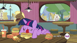 Size: 576x324 | Tagged: safe, derpibooru import, screencap, twilight sparkle, twilight sparkle (alicorn), alicorn, pony, twilight time, :i, all new, animated, aweeg*, burger, drink, eating, female, food, french fries, hay burger, hay fries, hub logo, hubble, ketchup, mare, messy, messy eating, onion horseshoes, puffy cheeks, sauce, smiling, text, that pony sure does love burgers, that pony sure does love hay fries, the hub, twilight burgkle, twilight slobble, wide eyes