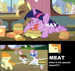 Size: 972x930 | Tagged: safe, derpibooru import, screencap, coco crusoe, gallop j. fry, little red, pipsqueak, sweetie belle, train tracks (character), twilight sparkle, twilight sparkle (alicorn), alicorn, earth pony, pony, twilight time, analysis, burger, colt, female, food, hamburger, hay, male, mare, that pony sure does love burgers, twilight burgkle