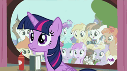 Size: 576x324 | Tagged: safe, derpibooru import, screencap, alula, apple bloom, aura (character), berry punch, berryshine, dinky hooves, featherweight, gallop j. fry, goldengrape, minuette, noi, pinkie pie, pipsqueak, ruby pinch, scootaloo, sir colton vines iii, super funk, sweetie belle, tornado bolt, twilight sparkle, twilight sparkle (alicorn), alicorn, earth pony, pony, twilight time, animated, burger, colt, cutie mark crusaders, drink, female, food, french fries, hay fries, hub logo, hubble, loop, male, mare, observer, the hub, window