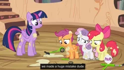 Size: 1440x810 | Tagged: safe, derpibooru import, edit, edited screencap, screencap, apple bloom, scootaloo, sweetie belle, twilight sparkle, twilight sparkle (alicorn), alicorn, pony, twilight time, caption, female, hub logo, mare, meme, youtube caption