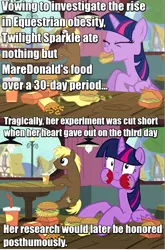Size: 700x1060 | Tagged: safe, derpibooru import, edit, edited screencap, screencap, coco crusoe, twilight sparkle, twilight sparkle (alicorn), alicorn, pony, twilight time, adorkable, aweeg*, burger, caption, cute, dark comedy, dork, eating, fast food, female, food, french fries, gluttony, hay burger, hay fries, heart attack, heart disease, image macro, implied death, ketchup, mare, meme, messy, messy eating, onion horseshoes, puffy cheeks, sauce, soda, super size me, text, that pony sure does love burgers, twilight burgkle, twilight slobble