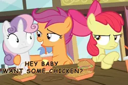 Size: 1038x688 | Tagged: :|, apple bloom, cutie mark crusaders, derpibooru import, edit, fast food, female, food, goldengrape, i need an adult, lesbian, restaurant, safe, scootabelle, scootaloo, screencap, shipping, sir colton vines iii, sweetie belle, twilight time
