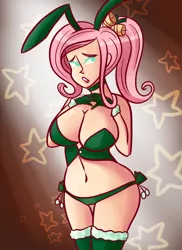 Size: 728x1000 | Tagged: suggestive, artist:php52, derpibooru import, fluttershy, bat pony, human, big breasts, breasts, bunny ears, busty fluttershy, clothes, cuffs (clothes), female, flutterbat, huge breasts, humanized, race swap, socks, solo, solo female, thigh highs