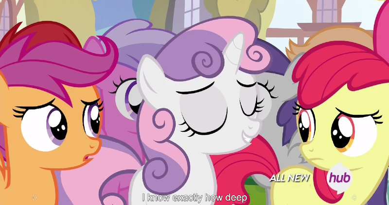 Size: 1151x609 | Tagged: apple bloom, caption, cutie mark crusaders, derpibooru import, edit, edited screencap, hub logo, meme, peach fuzz, safe, scootaloo, screencap, sweetie belle, tornado bolt, train tracks (character), twilight time, youtube caption