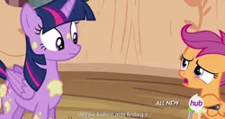 Size: 1152x609 | Tagged: safe, derpibooru import, edit, edited screencap, screencap, scootaloo, twilight sparkle, twilight sparkle (alicorn), alicorn, pony, twilight time, caption, female, hub logo, mare, meme, youtube caption