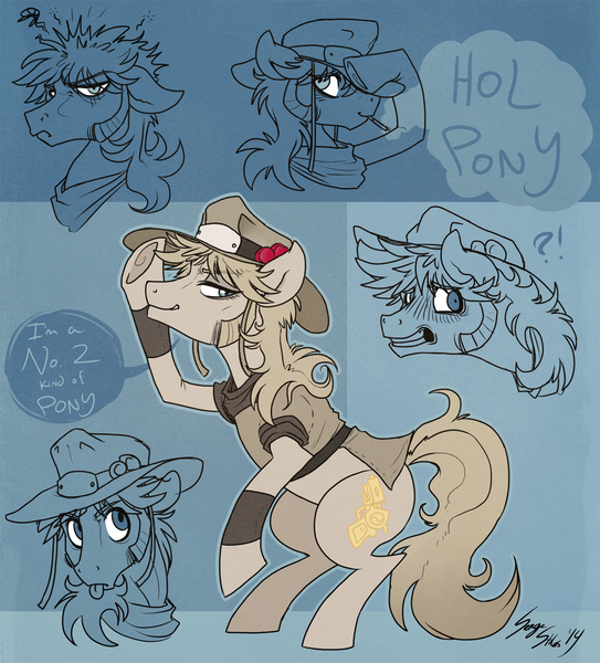 Size: 1100x1216 | Tagged: safe, artist:serge-stiles, derpibooru import, ponified, pony, angry, cigarette, happy, hat, hol horse, jojo's bizarre adventure, leg warmers, male, sideburns, solo, stallion, stardust crusaders, the emperor, tongue out