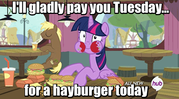 Size: 572x318 | Tagged: safe, derpibooru import, edit, edited screencap, screencap, coco crusoe, twilight sparkle, twilight sparkle (alicorn), alicorn, pony, twilight time, adorkable, all new, aweeg*, burger, caption, cute, dork, fast food, female, food, hay burger, hub logo, image macro, j wellington wimpy, ketchup, mare, meme, messy, messy eating, onion horseshoes, popeye, puffy cheeks, sauce, soda, text, that pony sure does love burgers, thimble theatre, twilight burgkle, twilight slobble, wimpy