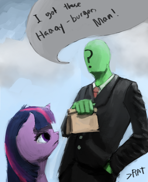 Size: 884x1090 | Tagged: artist:sergiole, burger, derpibooru import, don't be a menace, food, hay burger, oc, oc:anon, paper bag, safe, twilight burgkle, twilight sparkle