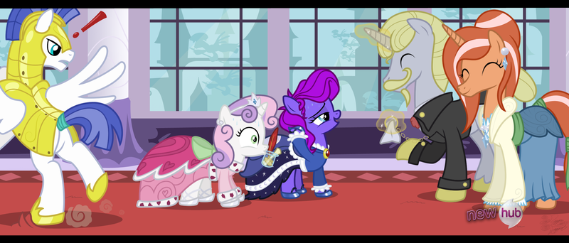 Size: 2200x940 | Tagged: artist:niggerfaggot, canterlot, clothes, /co/, derpibooru import, dress, fake screencap, i can't believe it's not hasbro studios, nervous, oc, quest, raisin, raisin quest, royal guard, safe, sweetie belle