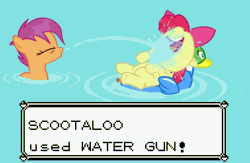 Size: 756x492 | Tagged: animated, apple bloom, derpibooru import, duck, duck pony, edit, floating, gif, inner tube, parody, pokémon, safe, scootaloo, screencap, squirting, swimming pool, tickling, twilight time, vaginal secretions, video game, water