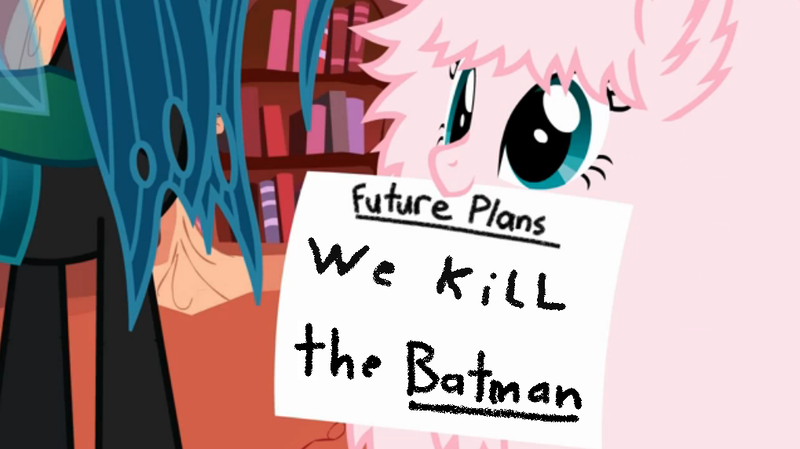 Size: 1019x572 | Tagged: artist:mixermike622, batman, derpibooru import, exploitable meme, fluffle puff's plans, meme, oc, oc:fluffle puff, queen chrysalis, safe, we kill the batman