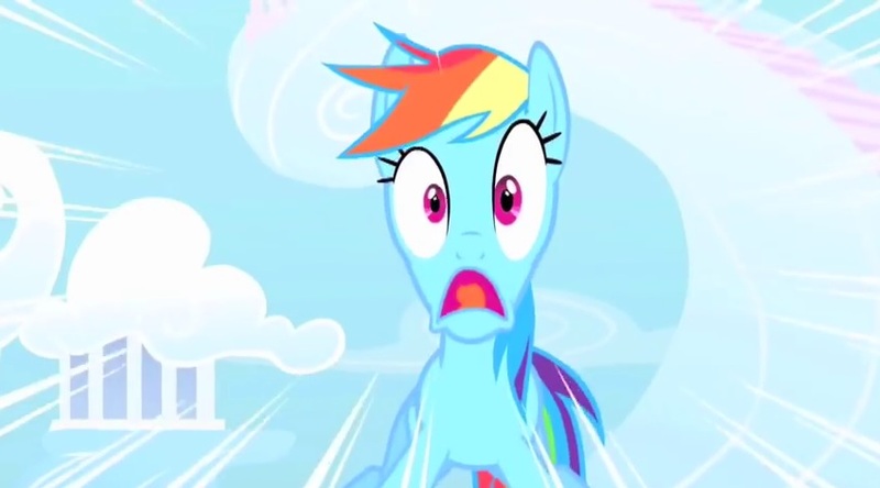 Size: 848x471 | Tagged: safe, derpibooru import, screencap, rainbow dash, pegasus, pony, sonic rainboom (episode), cloud, cloudsdale, d:, faic, female, mare, open mouth, panic, scared, screaming, shame, shocked, solo, surprised, tongue out, wide eyes, yelling