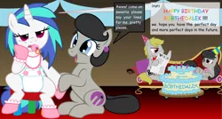 Size: 9900x5300 | Tagged: absurd resolution, adult foal, artist:evilfrenzy, bib, birthday, birthday cake, bobthedalek, booties, cake, comic sans, cute, derpibooru import, diaper, food, hat, oc, oc:mixed melody, oc:octavia's father, oc:octavia's mother, oc:ostinato melody, octavia melody, pacifier, party hat, suggestive, vinyl scratch