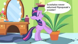 Size: 1280x720 | Tagged: derpibooru import, edit, edited screencap, exploitable meme, green isn't your color, meme, potted plant, safe, screencap, secret pot meme, solo, speech bubble, twilight sparkle, twilight time