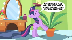 Size: 1280x720 | Tagged: derpibooru import, edit, edited screencap, exploitable meme, green isn't your color, meme, potted plant, safe, screencap, secret pot meme, solo, speech bubble, twilight sparkle