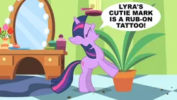 Size: 1280x720 | Tagged: derpibooru import, edit, edited screencap, exploitable meme, green isn't your color, meme, potted plant, safe, screencap, secret pot meme, solo, speech bubble, twilight sparkle