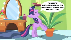 Size: 1280x720 | Tagged: derpibooru import, edit, edited screencap, exploitable meme, green isn't your color, meme, potted plant, safe, screencap, secret pot meme, solo, speech bubble, twilight sparkle