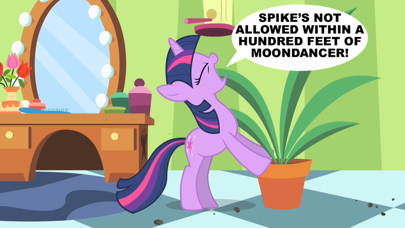 Size: 1280x720 | Tagged: derpibooru import, edit, edited screencap, exploitable meme, female, green isn't your color, implied shipping, implied spikedancer, implied straight, meme, potted plant, safe, screencap, secret pot meme, solo, speech bubble, twilight's confessions, twilight sparkle